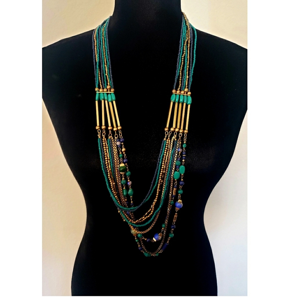 Sfera Turquoise, Navy Blue & Gold Beaded Necklace
